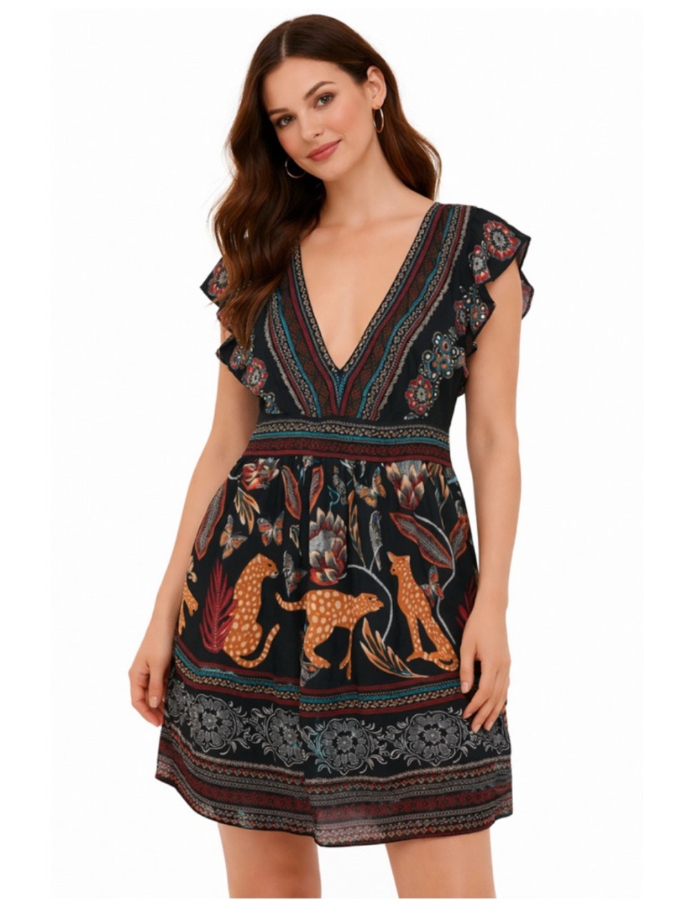 Anthropologie Black Jungle Print Deep V Mini Dress